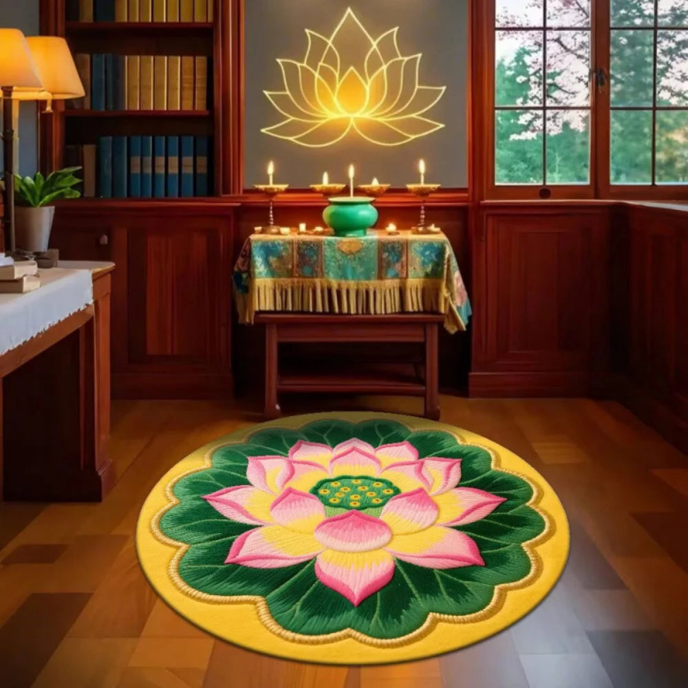 tapis rond fleur lotus vert rose blanc décoration zen salon chambre moderne ethnique