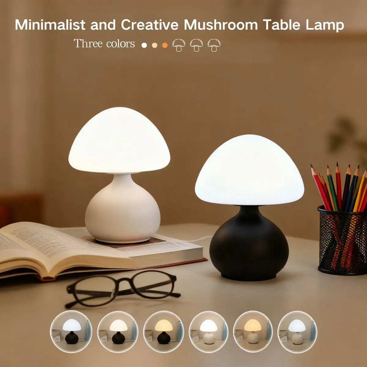 lampe table champignon blanc noir minimaliste interrupteur feutre antidérapant led usb nocturne chambre