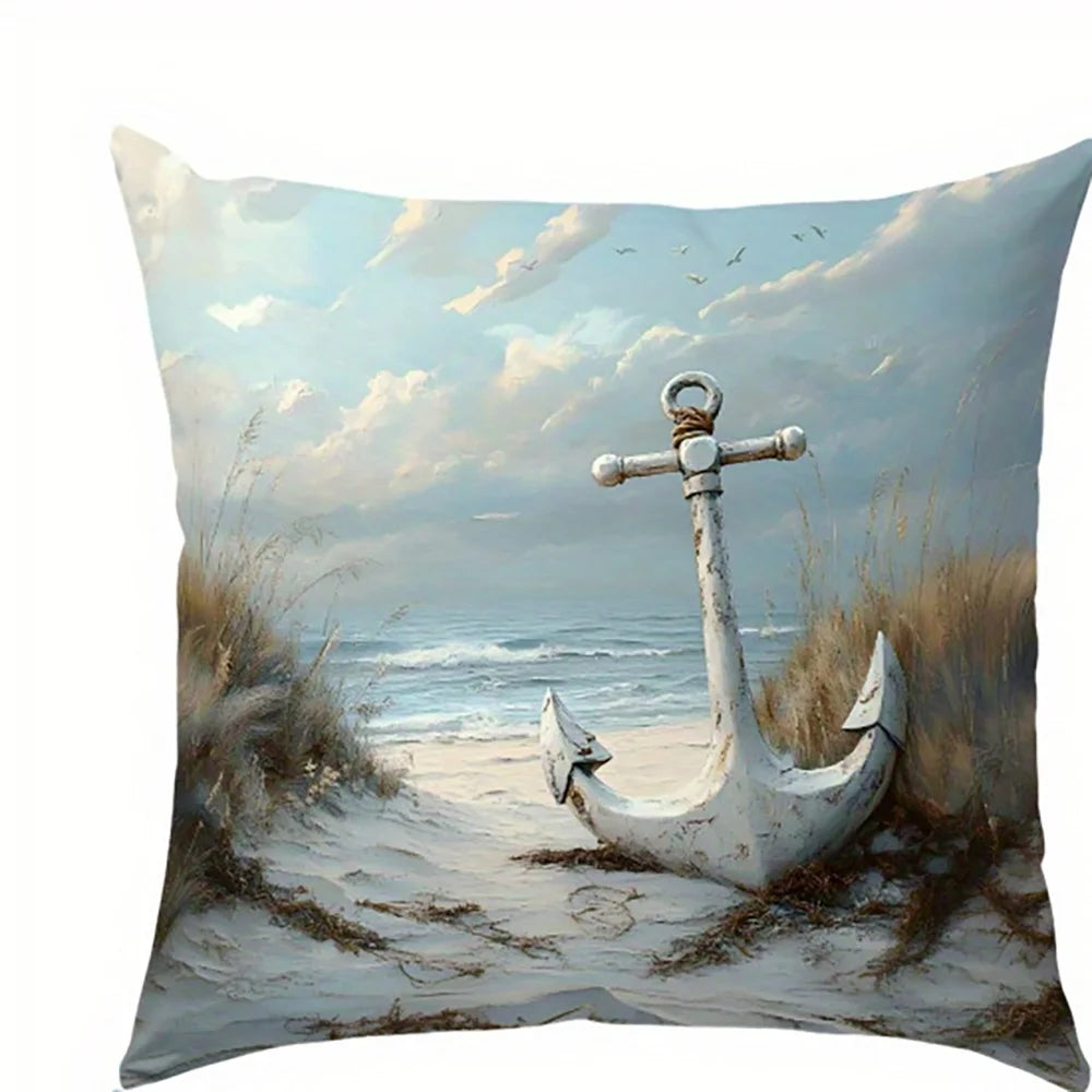 coussin decoratif plage phare bateau ancre ciel nuageux bleu blanc vert maison pilotisintérieur polyester