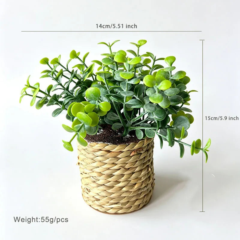 plantes artificielles vertes feuilles rondes pot paille tressée décoration intérieure moderne naturel salon chambre