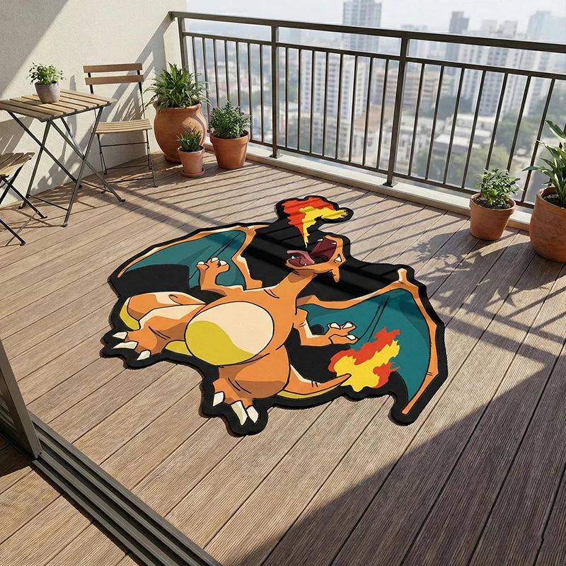 tapis pokémon charizard orange jaune noir bleu vert dessin animé velours salon jeu 80cm