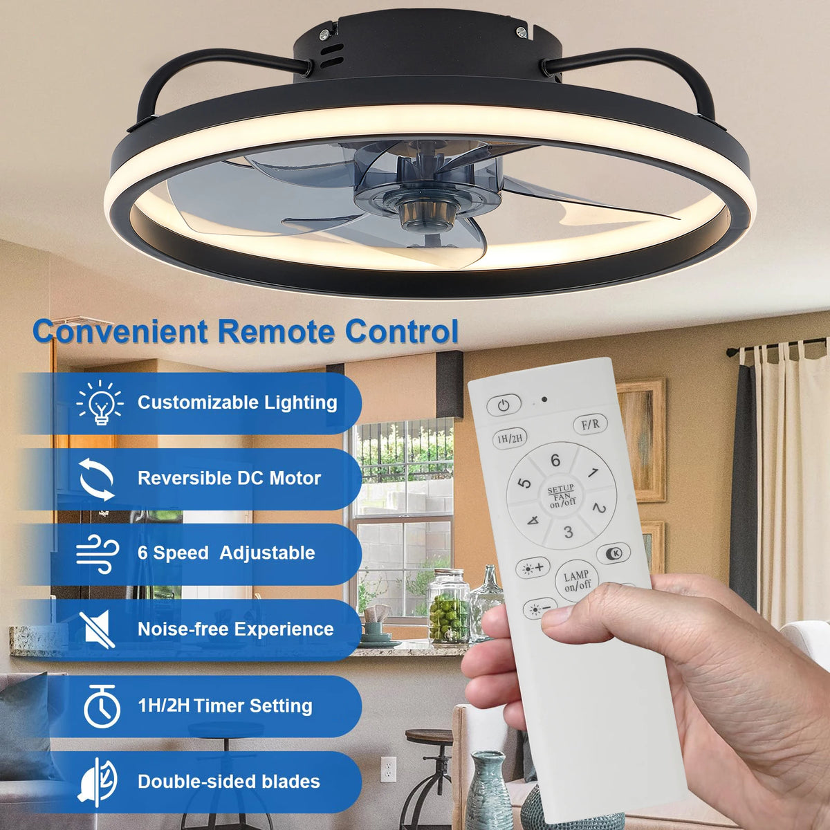 ventilateur led lumineuse moderne blanc rond télécommande fixe intelligent économique