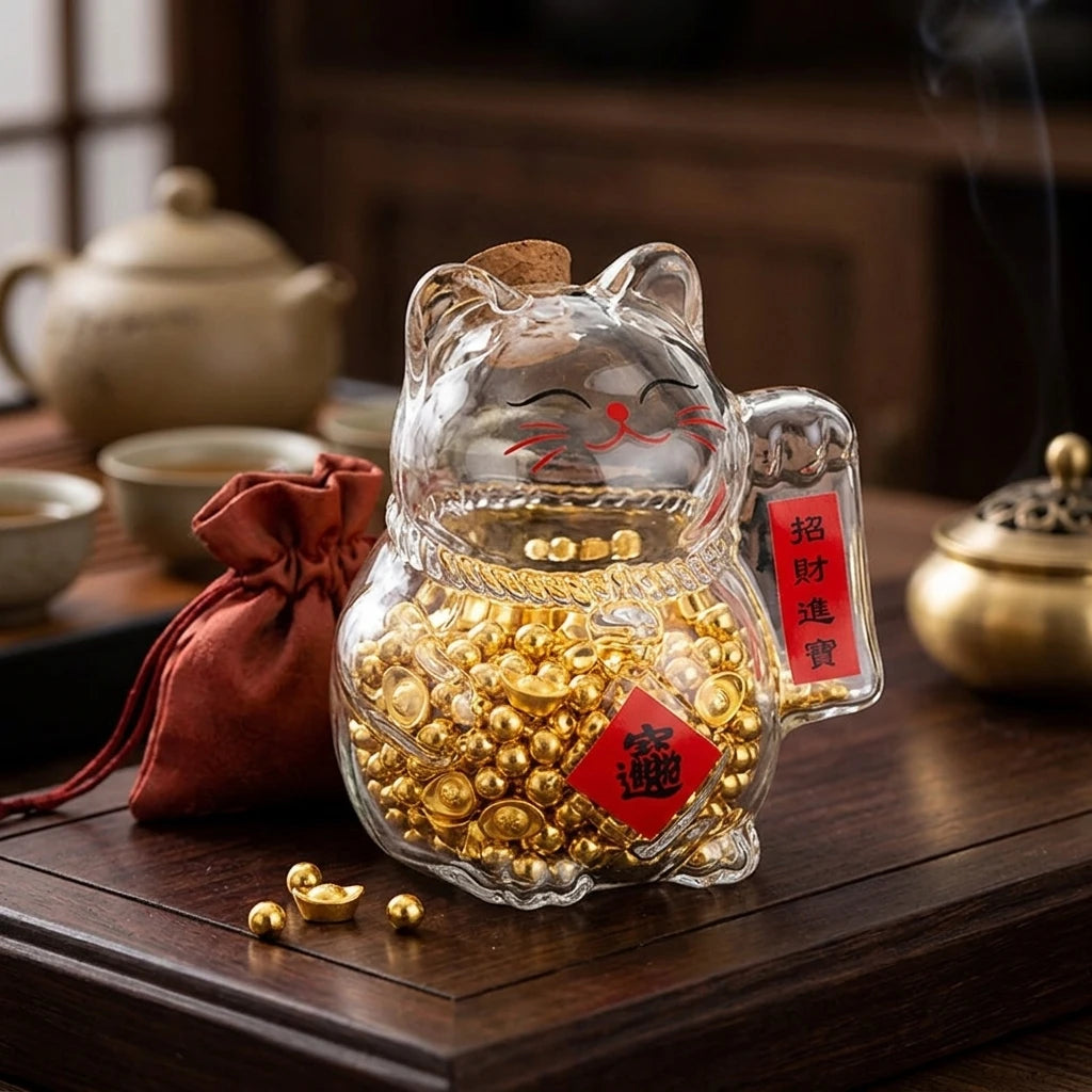 pot verre chat porte bonheur maneki neko transparent or monnaie bijoux décoratif asiatique chance