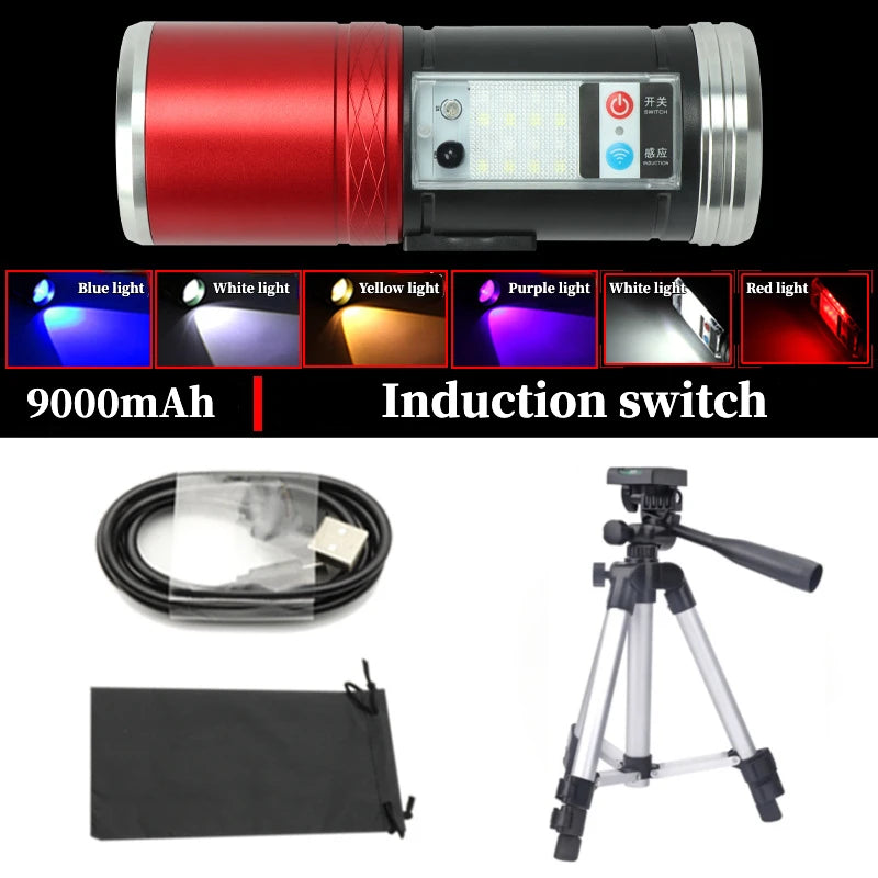 lampe torche led rechargeable support trépied éclairage secondaire rouge argenté moderne