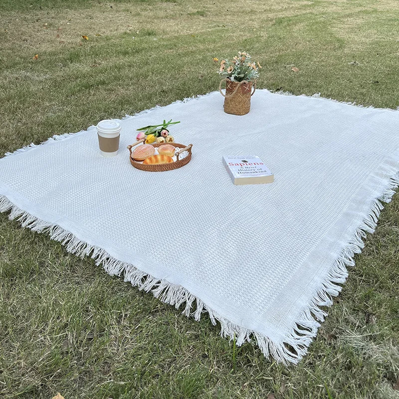 tapis plage rose blanc boho chic rayures diagonales franges pique nique extérieur portable