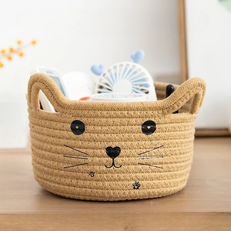 panier rangement créatif réutilisable blanc rose jaune vert bleu visage chat brodé enfantin respectueux
