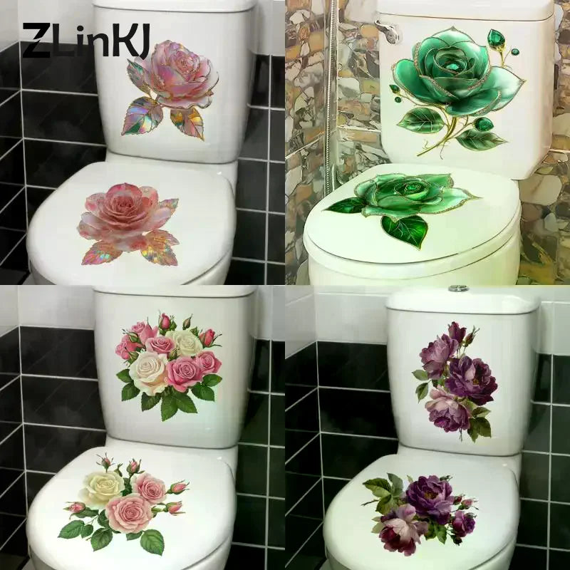 stickers decoratifs fleurs roses vertes violettes adhésifs salle bain decoration maison autoadhésifs blanc
