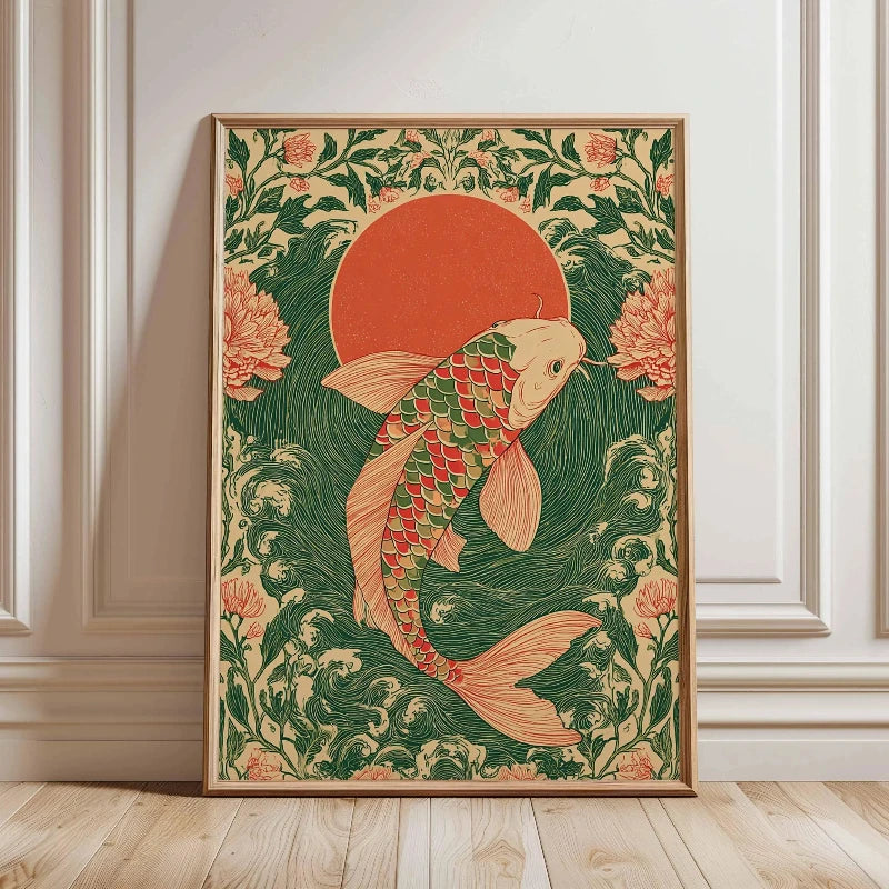 affiche murale poisson koi fleurs vagues art nouveau couleur verte rouge beige rose clair