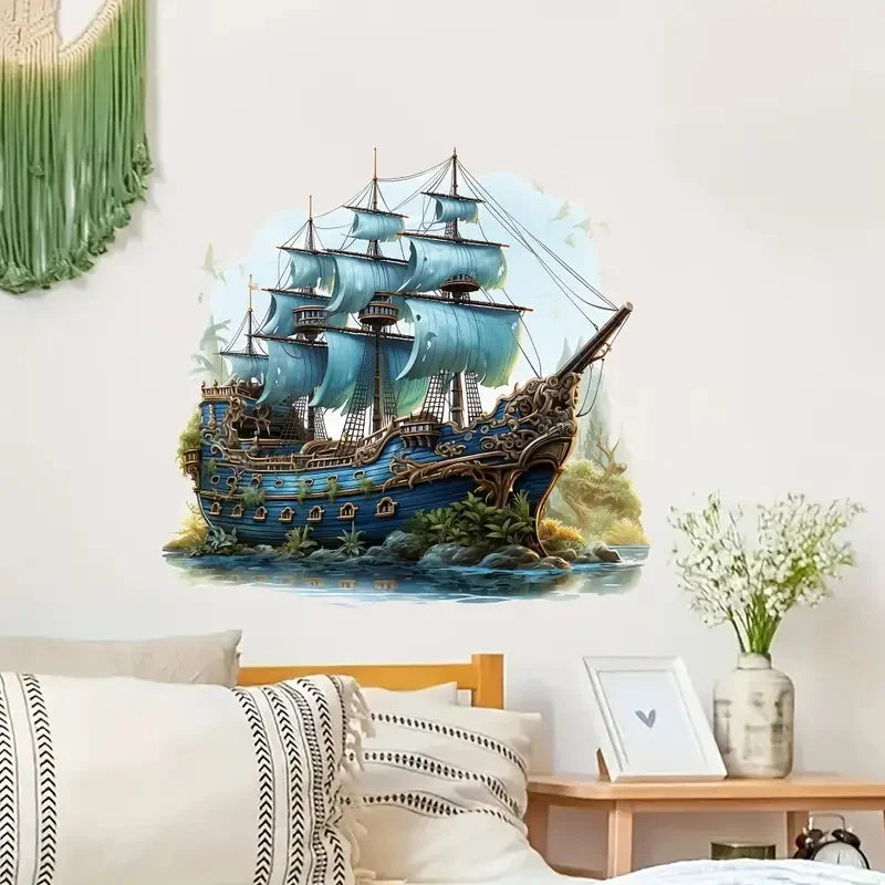 autocollant mural bateau voiles détails floraux art marin bleu vert beige noir pvc mural