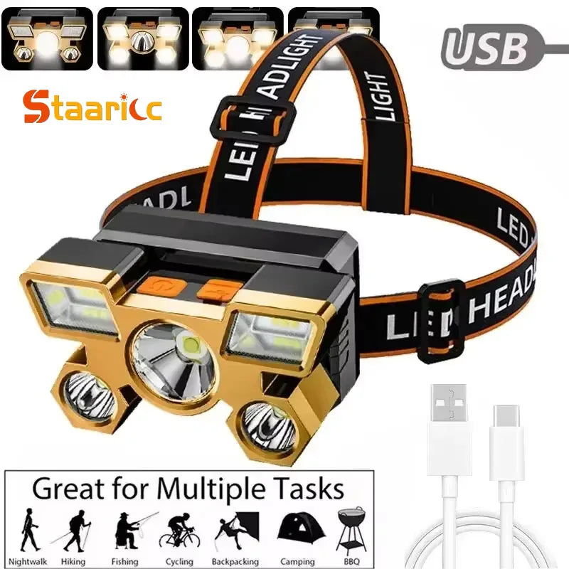 lampe frontale led rechargeable bleu doré bande ajustable camping pêche chasse rando flashlight headlamp