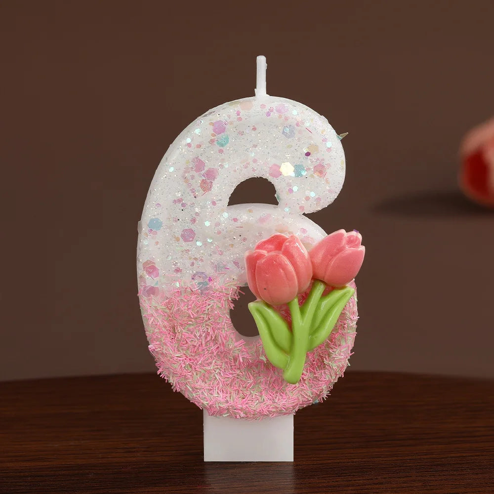 bougies forme chiffres blanc rose vert paillettes fleurs roses feuilles vertes festive tringle boîte