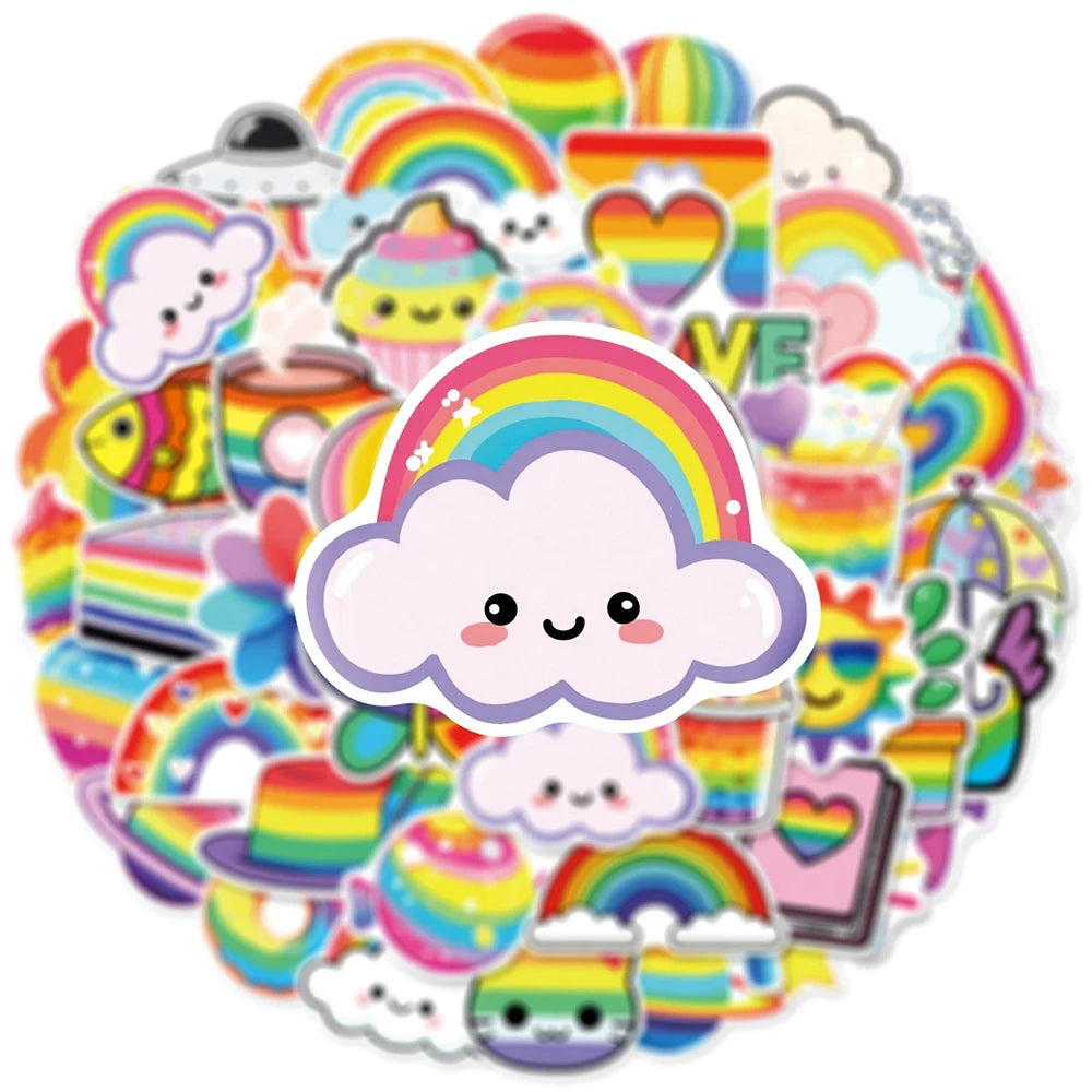 sticker mignon dessin animé arc ciel multicolore coeur nuage papillon 30pcs