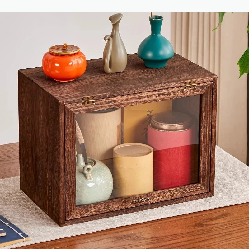 boîte souvenirs bois rustique porte vitrée présentoir organisation vases céramique livres horloge réveil