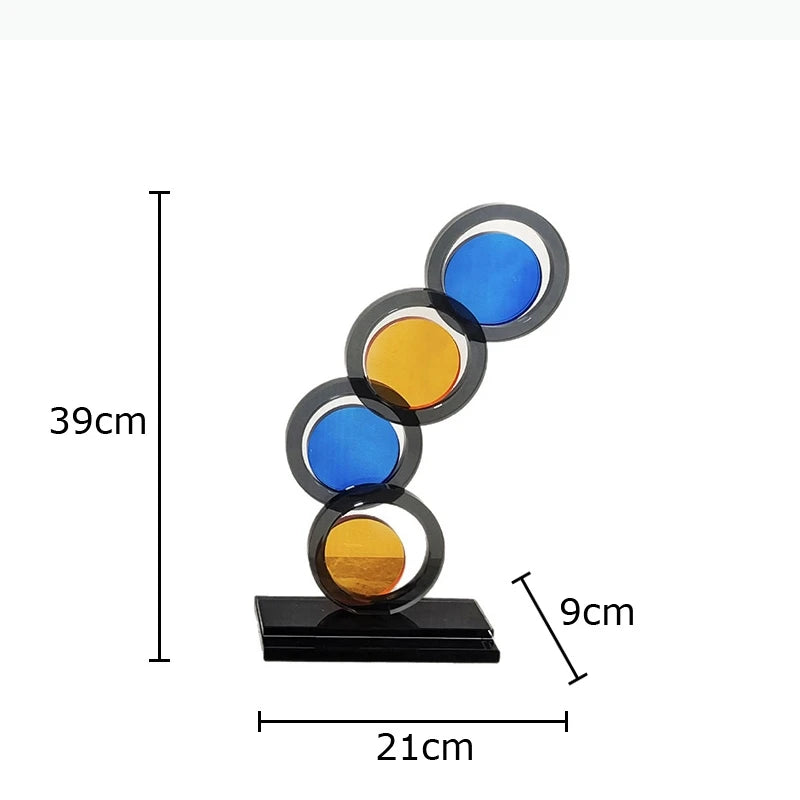 sculpture contemporaine géométrique couleurs noir jaune bleu orange base noire