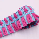 ruban tissé dentelle franges coton nylon bleu clair rose noir gris rayures horizontales artisanal
