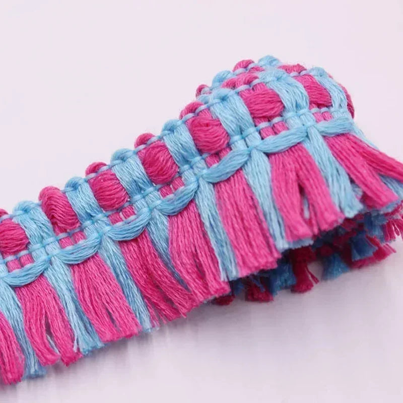 ruban tissé dentelle franges coton nylon bleu clair rose noir gris rayures horizontales artisanal