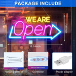 enseigne néon lumineuse WE ARE Open rose jaune bleu blanc moderne chaîne suspension câble