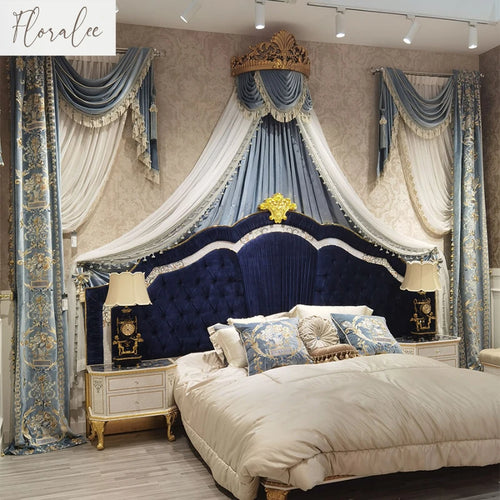 rideaux brodés floral velours bleu doré classique chambre coucher opacité motifs floraux bordures dorées
