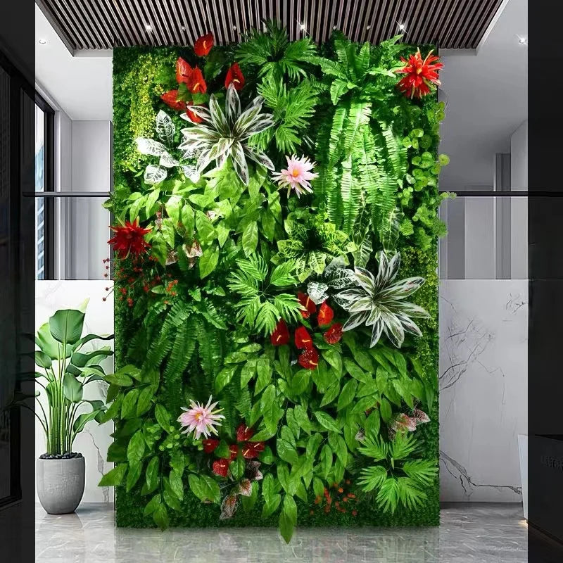 panneau décoration murale plante artificielle fleurs vertes rouges blanches jardin extérieur maison moderne