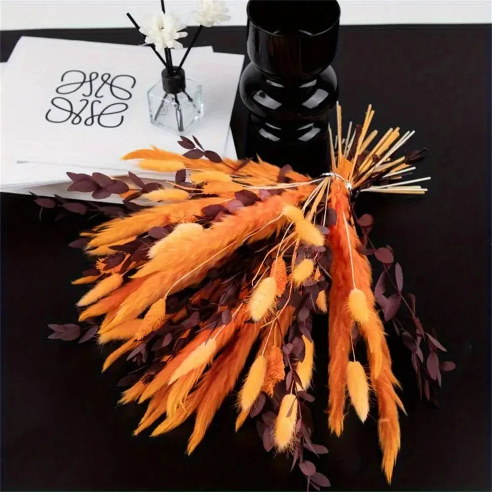 bouquet artificiel plumes orange feuilles marron boho décoration maison anniversaire mariage