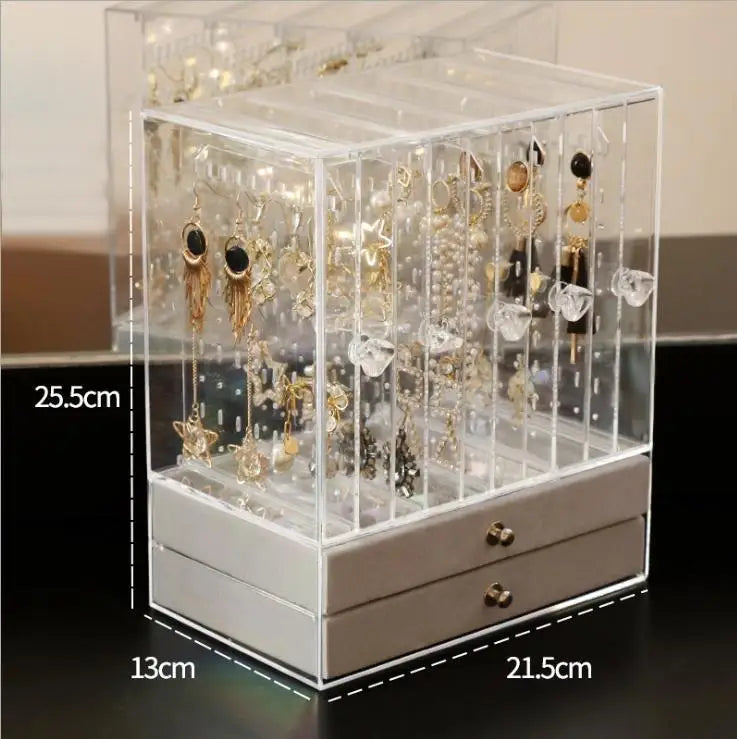 boîte bijoux transparente moderne velours intérieur poignées cristal boucles d'oreilles bracelets montres grande capacité
