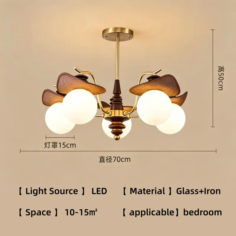 lampe suspendue or classique bois foncé tête translucide led salon chambre