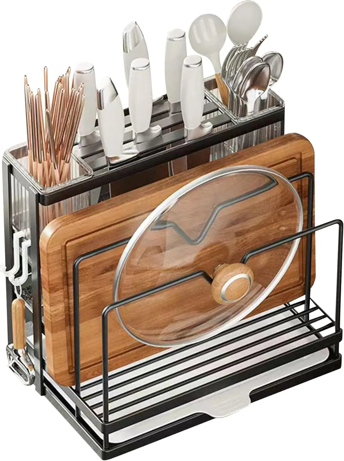 rangement cuisine mural gris moderne porte ustensiles acier inoxydable planche découper couteaux bambou minimaliste