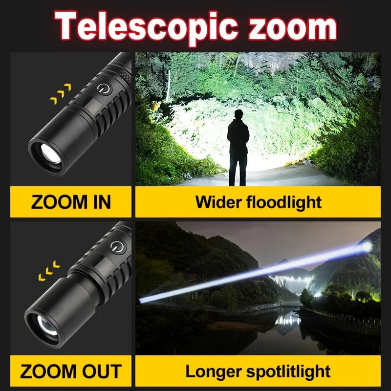 projecteur poche led rechargeable aluminium noir résistant chocs self défense zoomable