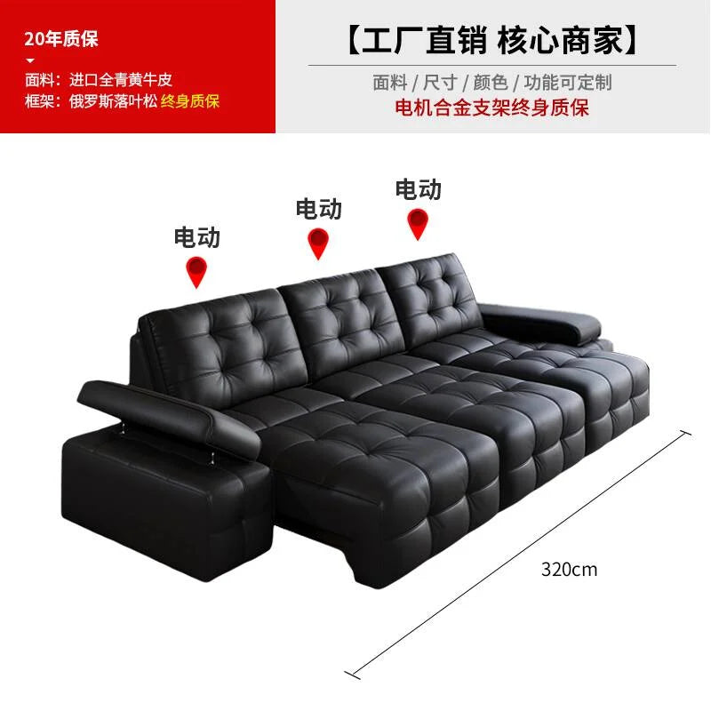 canapé d'angle moderne cuir noir boutons carrés coussins reposé pieds multifonctionnel