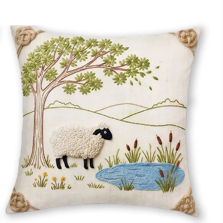 housse coussin mouton pastoral illustration fleurs arbres nuages zip 40x40cm 45x45cm 50x50cm 60x60cm polyester