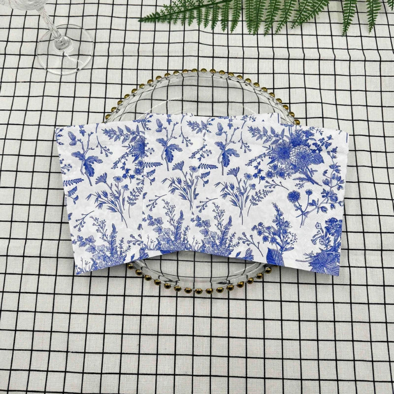 serviettes papier blanc bleu fleurs feuilles oiseaux classique vintage 33x33cm 20 pièces