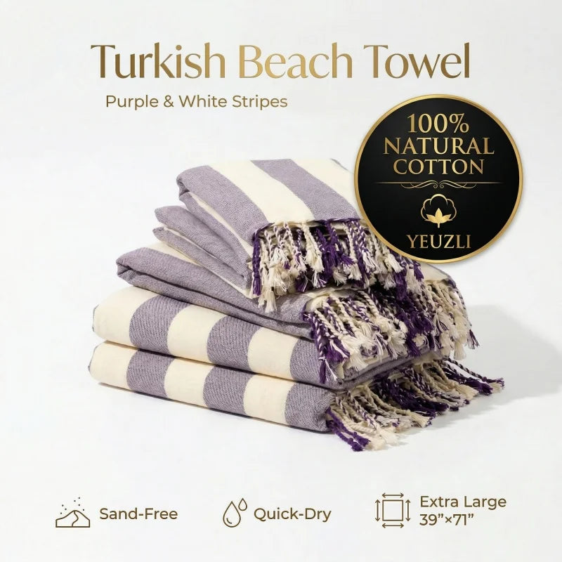 serviette plage coton violet blanc rayures absorption rapide lavable machine moderne large chapeau lunettes