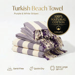 serviette plage coton violet blanc rayures absorption rapide lavable machine moderne large chapeau lunettes