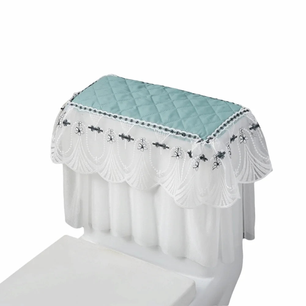 couvre seize toilette brodé bleu marine blanc élégant classique tissu épais plis franges