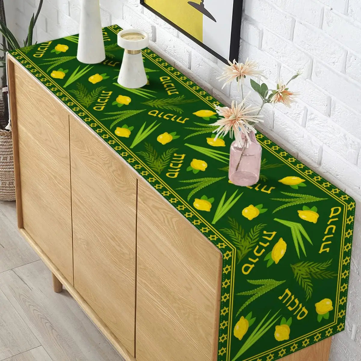 tableau chemin table lin motif citron feuille étoile hébreu graphique traditionnel vert foncé jaune