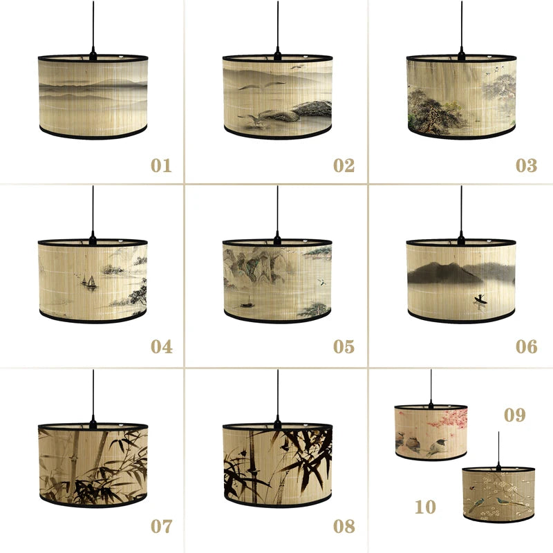 abat jour bambou imprimé floral vintage tringle beige noir oriental traditionnel