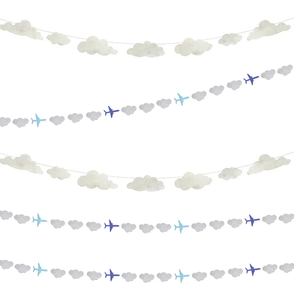 guirlande nuages avions glitter blanc bleu décoration enfant anniversaire fête fil fixations inclusion