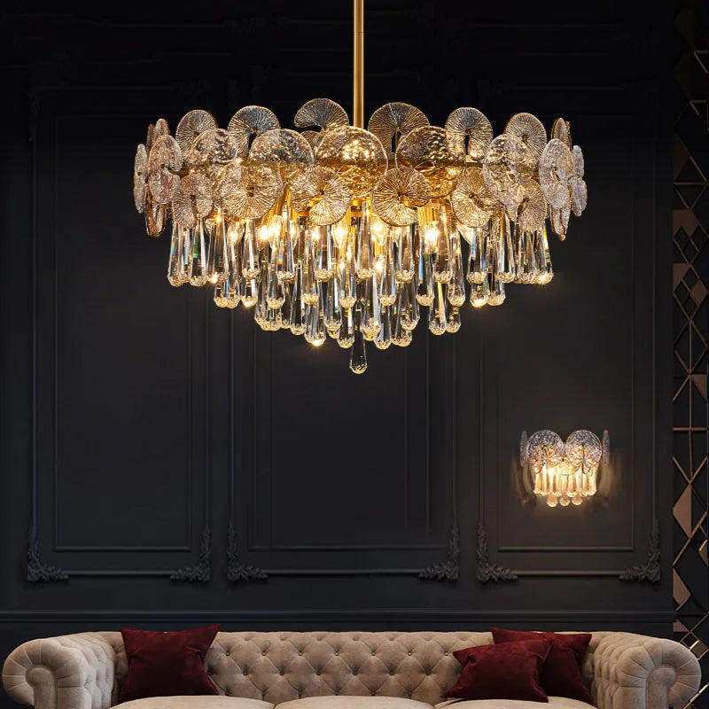 Suspension lumineuse moderne cristal doré transparent salon chambre 2000 82000 lumens