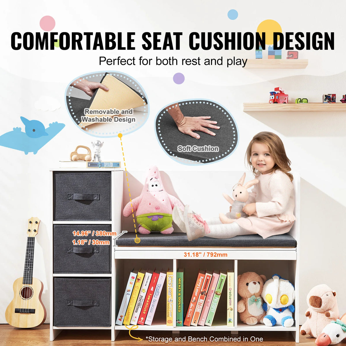 meuble salon enfant blanc moderne tiroirs compartiments banc rangement jouets