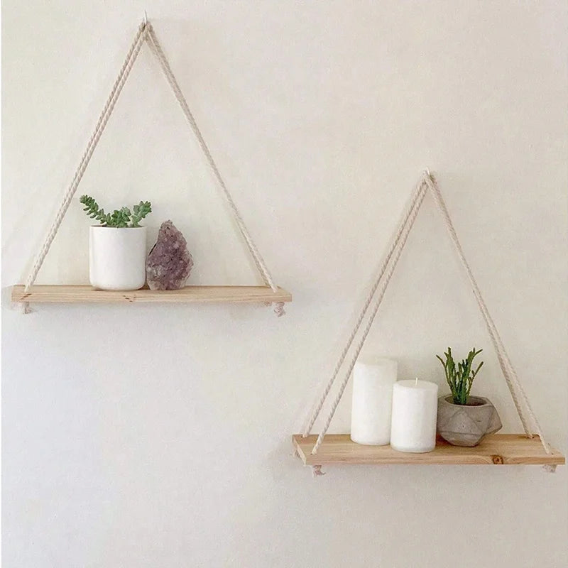 étagère suspendue bois naturel claire corde beige minimaliste rustique plantes bougies