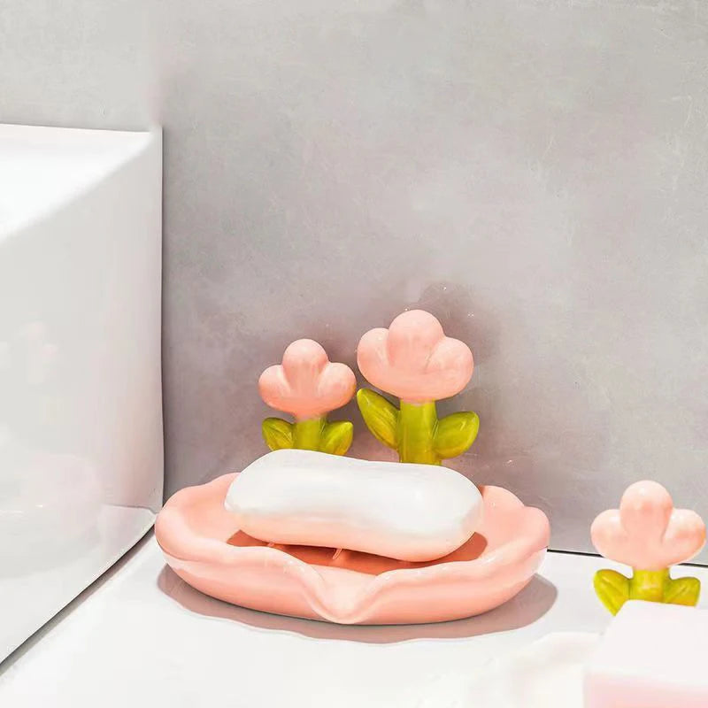 support savon moderne fleurs roses blanc vert salle bain antidérapant drainage accessoire décoration