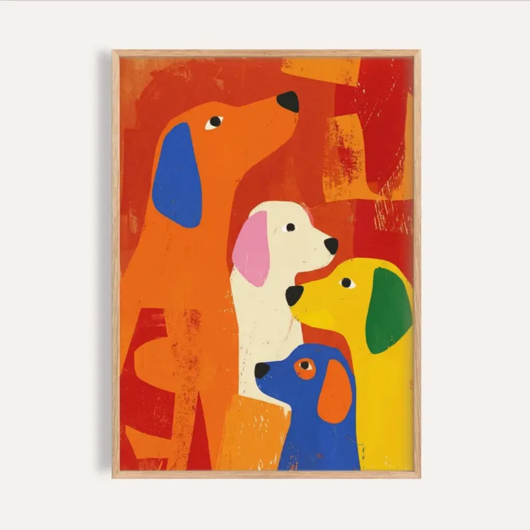 affiche abstraite chiens moderne orange jaune bleu verte chambre enfant pop art vibrant