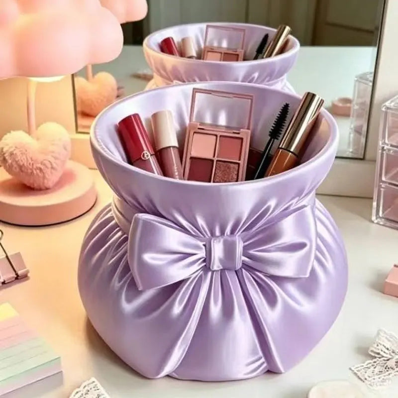 Sac cosmétiques moderne élégant rose blanc bleu violet satiné portatif pinceaux maquillage lips palettes