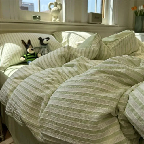 drap housse rayures horizontales taies oreiller moderne minimaliste couleur bleu clair beige vert clair