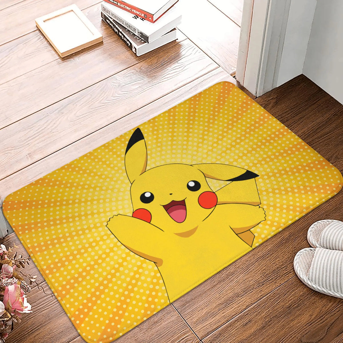 tapis sol antidérapant pikachu jaune noir rouge cartoon pois flanelle 60x40cm chambre cuisine salon