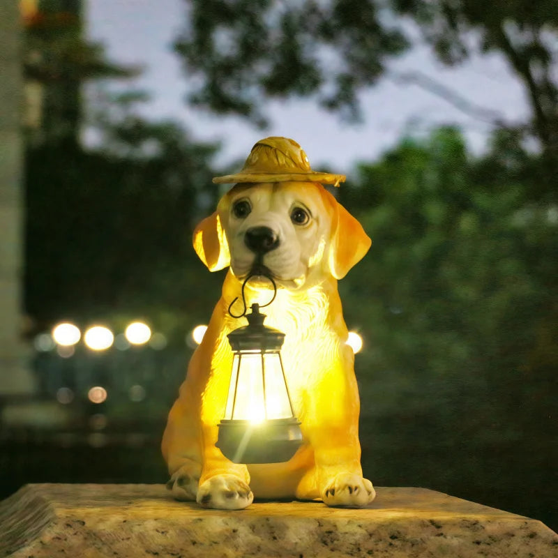 statue solaire chien lanterne chapeau paille décoration extérieure nuit réelle texture rustique charmante led