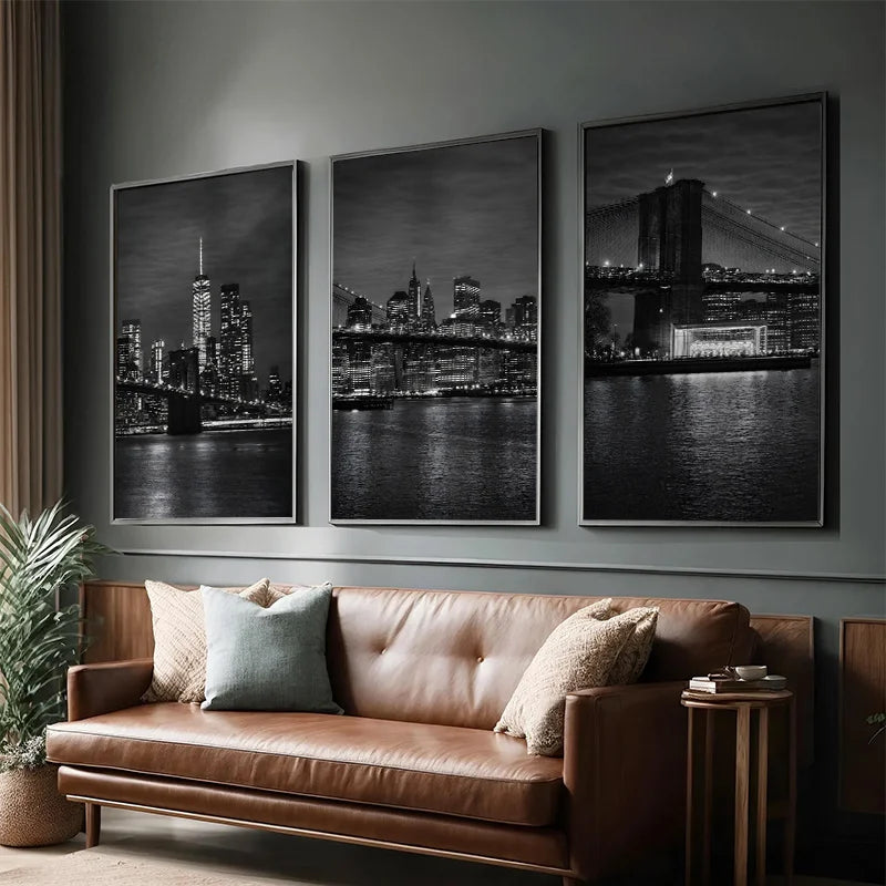 décoration murale triptyque art contemporain noir blanc paysage urbain nocturne york chambre salon