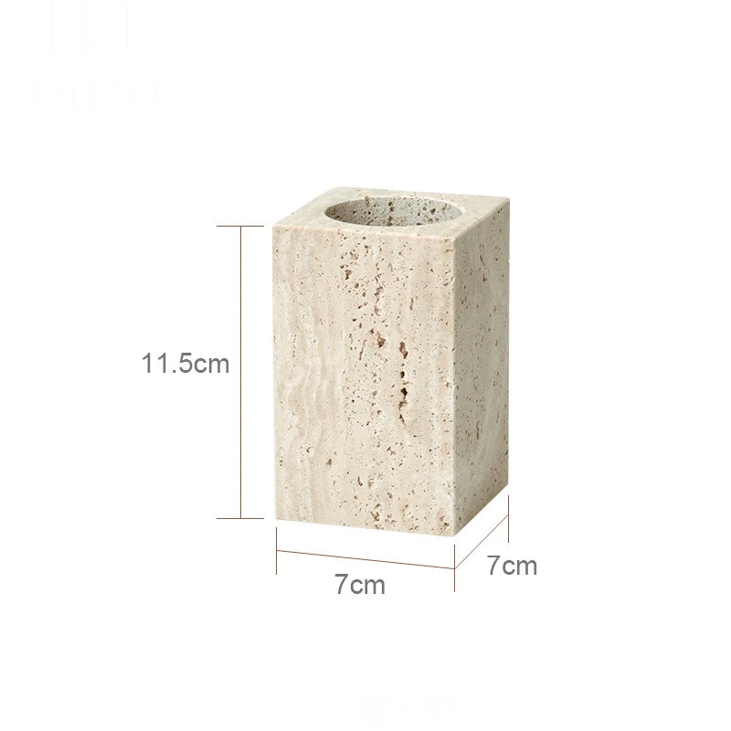 ensemble accessoires salle bain travertin beige distributeur savon plateau pot coton diffuseur moderne