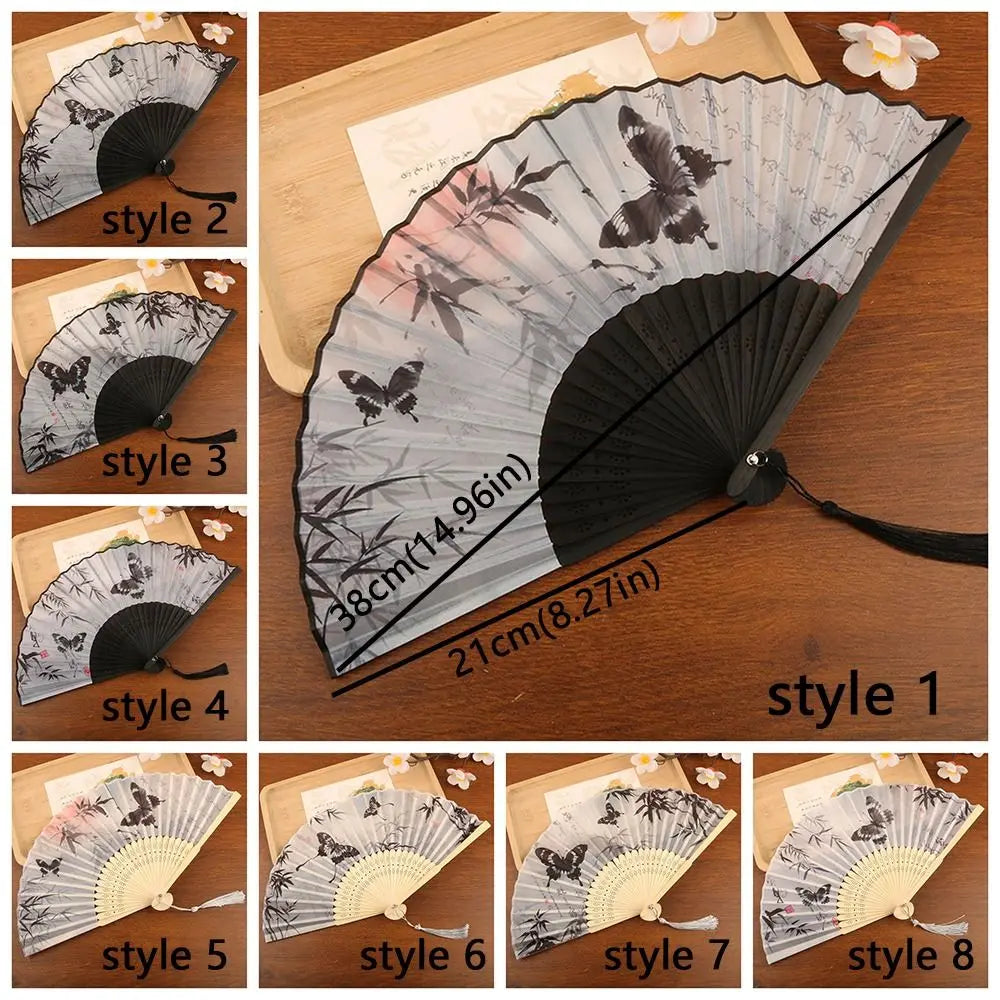éventail pliant traditionnel papillons bambou fleurs tassel noir blanc gris