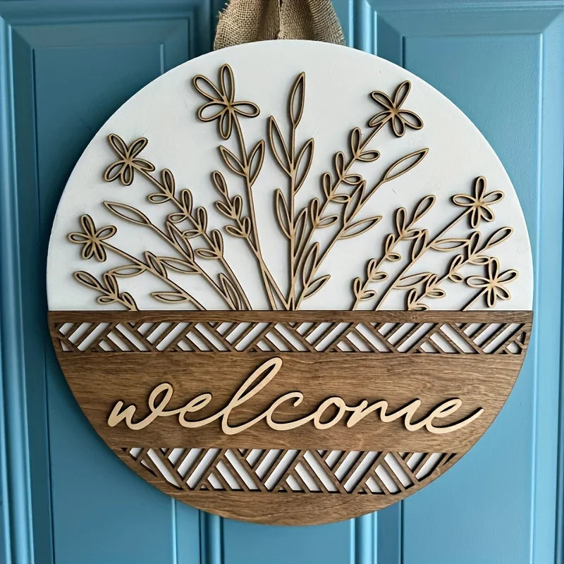 décoration murale bienvenue panneau rond bois fleurs feuilles motif zigzag rustique moderneextérieurporte farmhouse porche